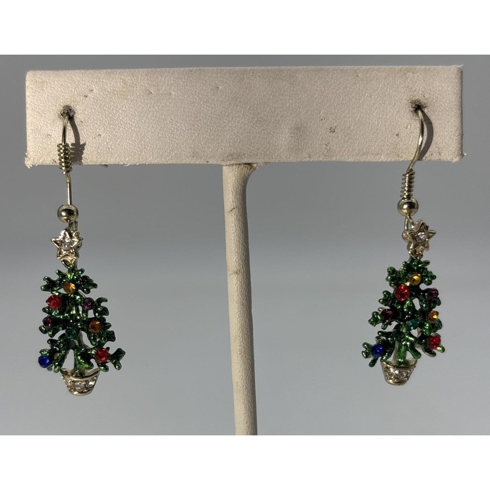Vintage Silver Tone Rhinestone Christmas‎ Tree Holiday Pierced Dangle Earrings